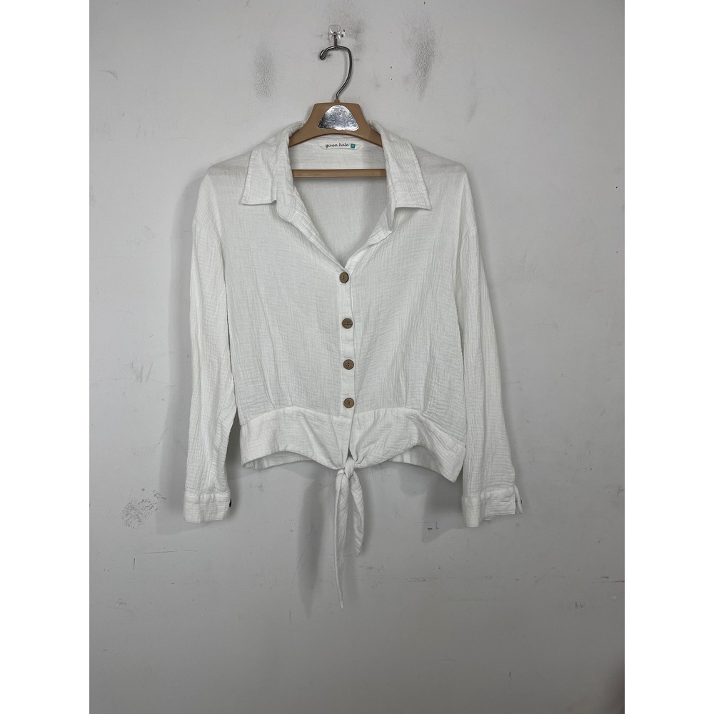 Given Kale White 100% Cotton Gauze Tie Front Button Down Shirt Womens Medium
